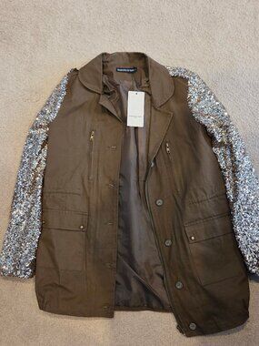 Faubourg Du Temple NWT Green Khaki Military Jacket Gold Sequin Sleeves M